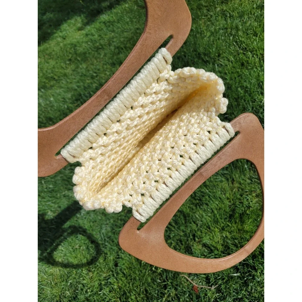70's Vintage Boho Hippie‎ Festival Macrame Wooden Double Handle Handbag Handmade
